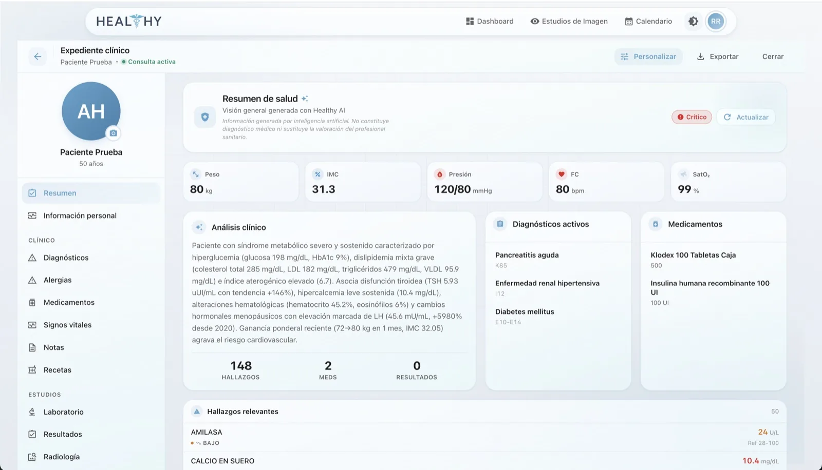 Expediente clínico de Healthy Record — resumen de salud con análisis clínico de IA